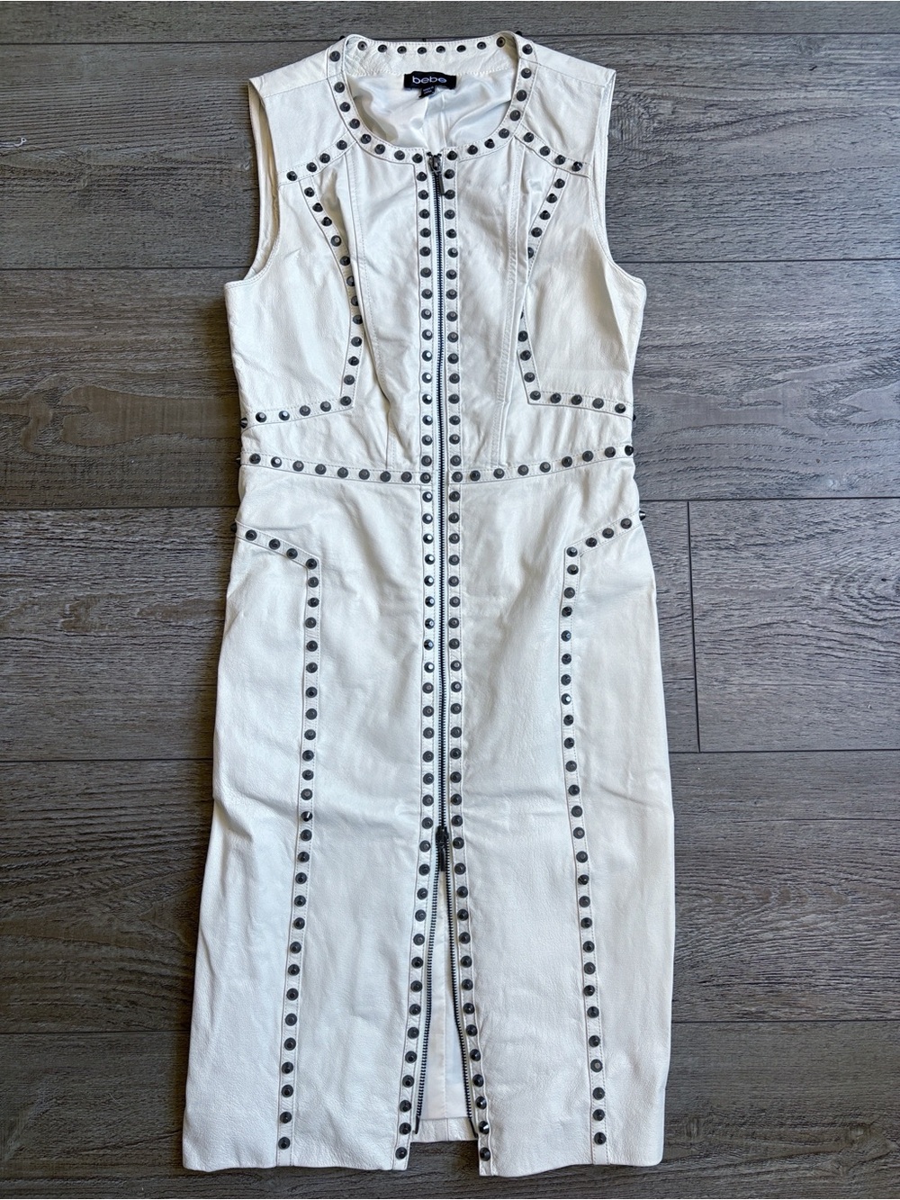 Vintage bebe White Leather w Silver Stud-Trim Zip Front Sleeveless Midi Dress